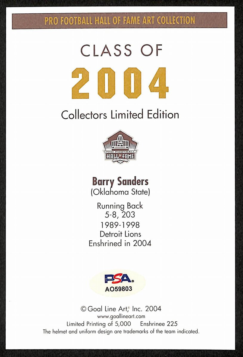 Barry Sanders HOF Signed/Auto 2004 Goal Line Art GLAC Postcard Lions PSA 194732