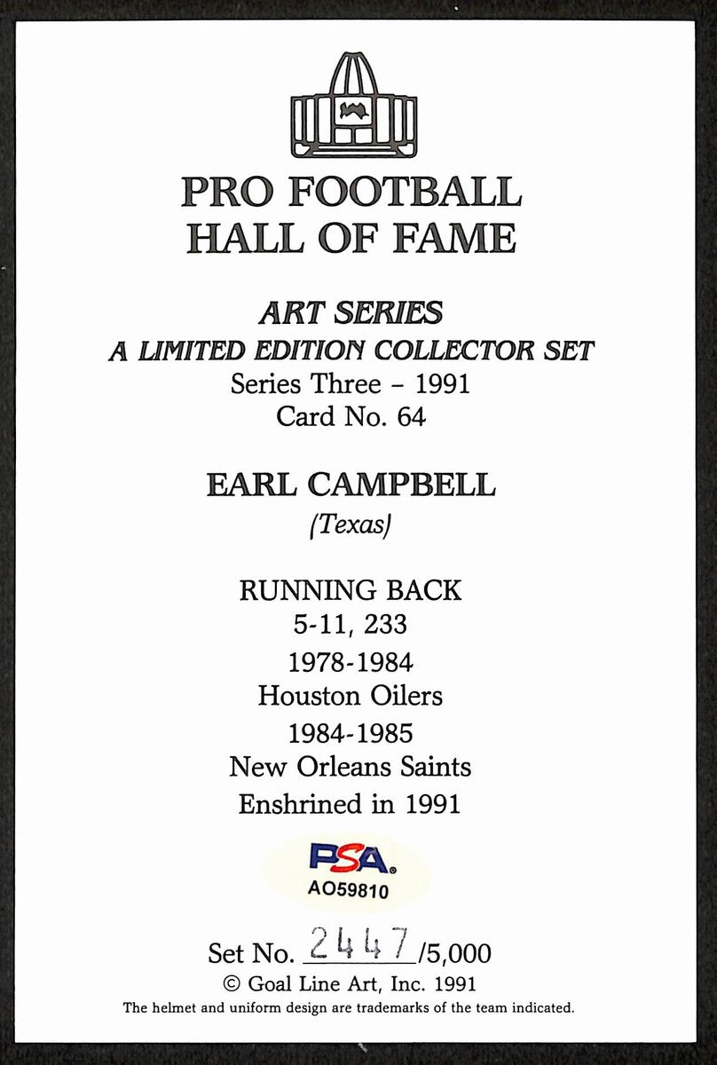 Earl Campbell HOF Signed/Insc 1991 Goal Line Art GLAC Postcard Oilers PSA 194739