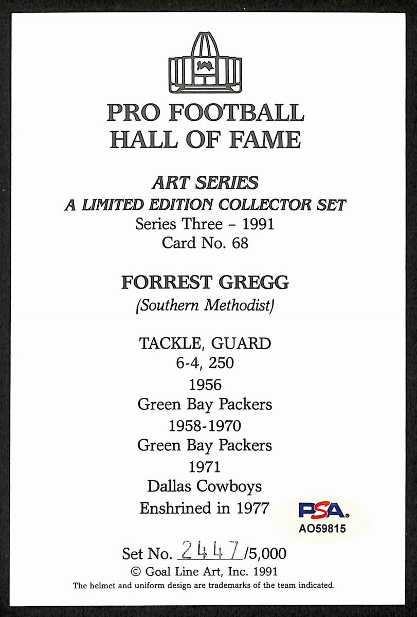 Forrest Gregg HOF Signed/Inscr 1991 Goal Line Art GLAC Postcard Packers PSA