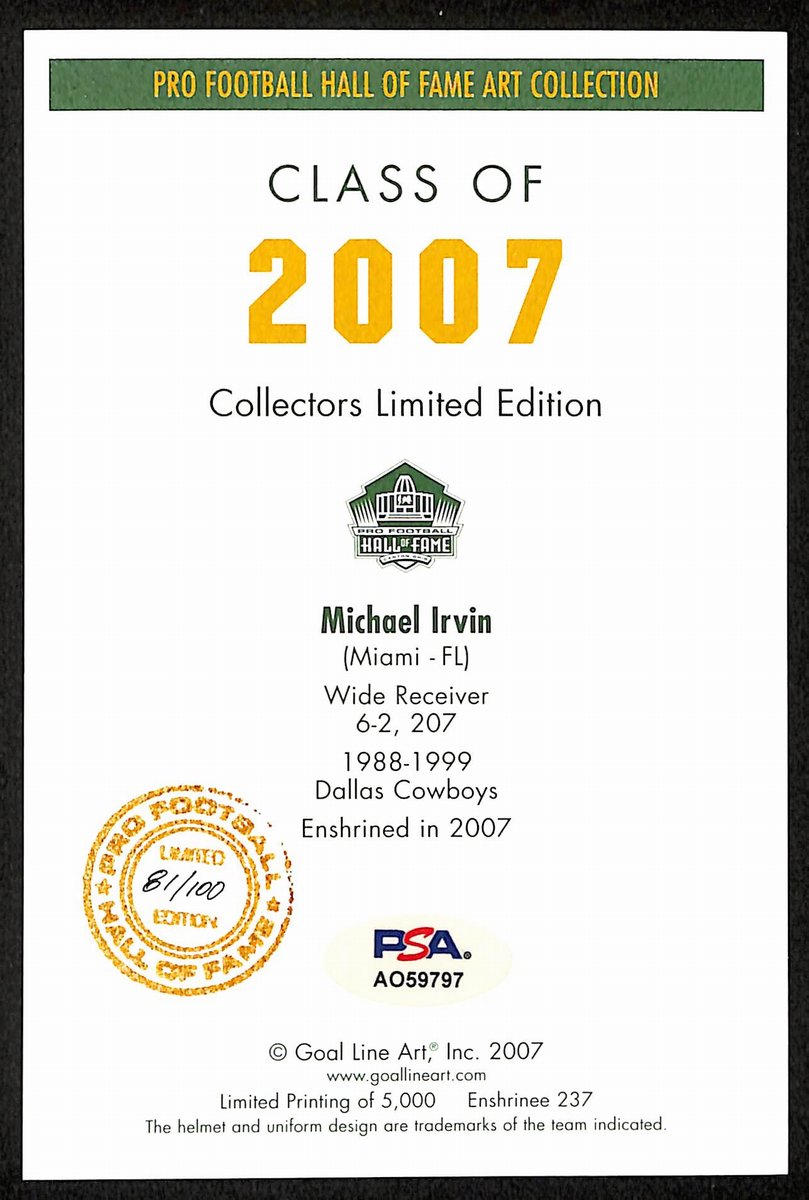 Michael Irvin Signed/Auto GLAC Goal Line Art Postcard Gold Seal 81/100 PSA