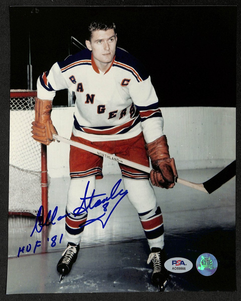 Allan Stanley HOF Signed/Inscribed 8x10 Photo New York Rangers PSA 195017
