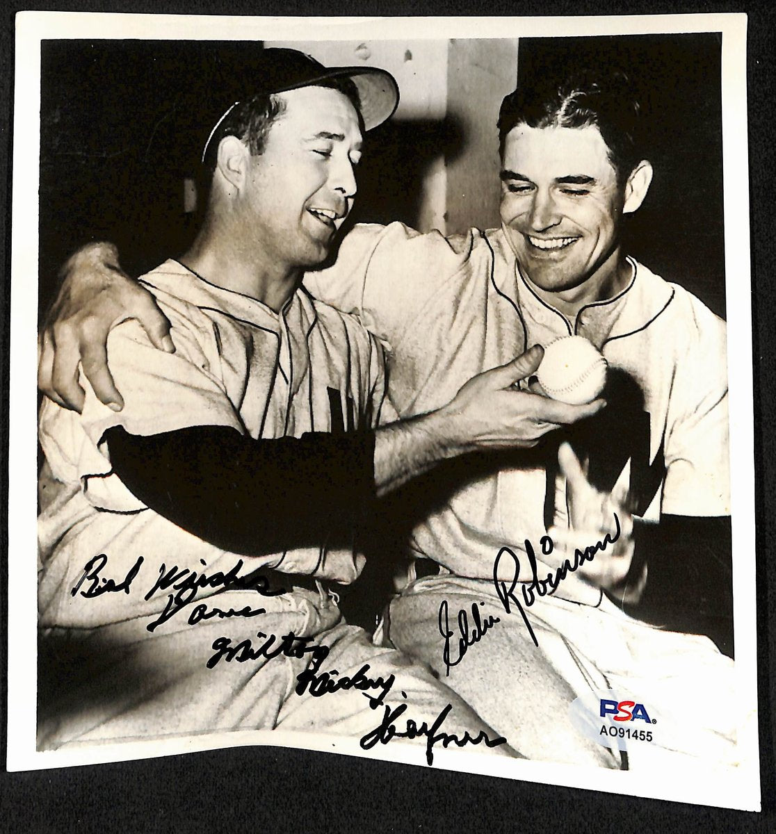 Mickey Haefner/Eddie Robinson Signed/Inscr 7x7 Press Photo Senators PSA 194433