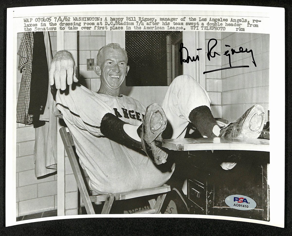 Bill Rigney Signed/Auto 1962 Vintage 9x7 Wire/Press Photo LA Angels PSA 194439