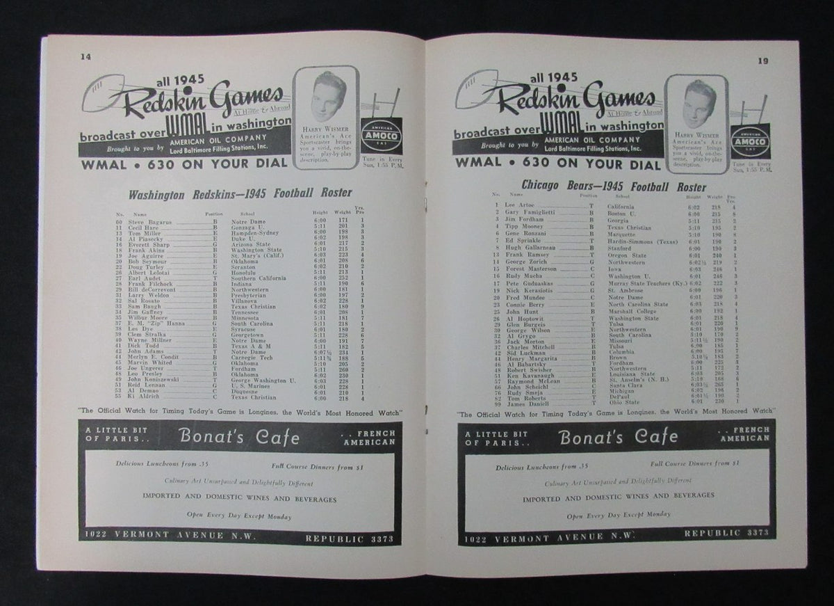 December 2, 1945 Redskins vs. Bears NFL Football Game Program 194114