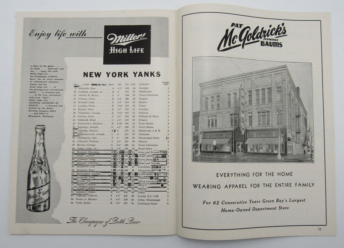 Oct. 8, 1950 New York Yanks vs. Green Bay Packers Football Game Program 195601