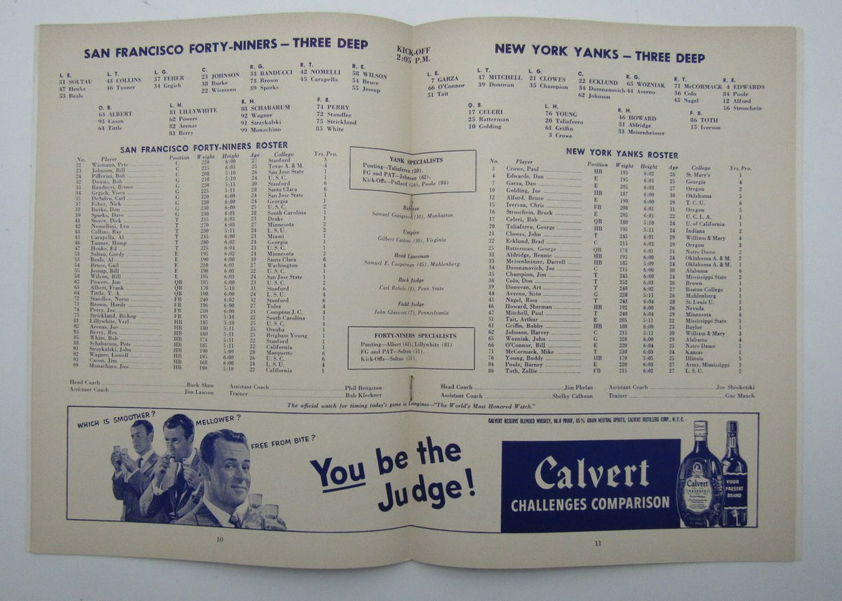 Nov. 3, 1951 New York Yanks vs. San Francisco 49ers Football Game Program 195603