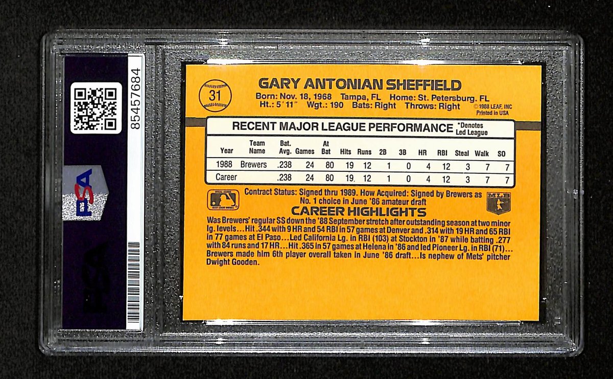 Gary Sheffield Signed 1989 Donruss RC Rookie Card #31 Brewers PSA/DNA 195146