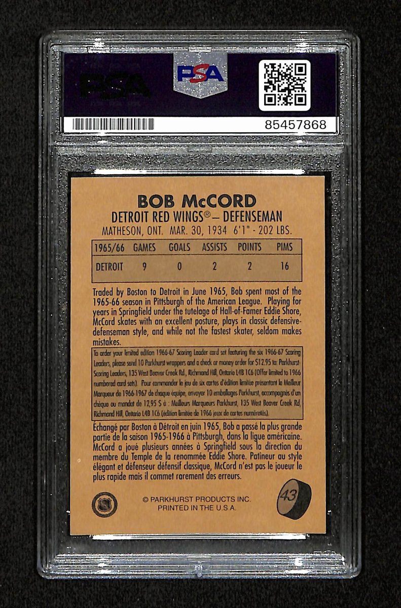 Bob McCord Signed/Auto 1995-96 Parkhurst Card #43 Red Wings PSA/DNA 195174