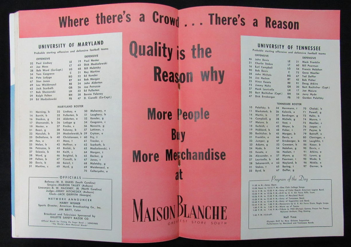 January 1, 1952 Sugar Bowl Maryland vs. Tennessee Football Game Program 194659