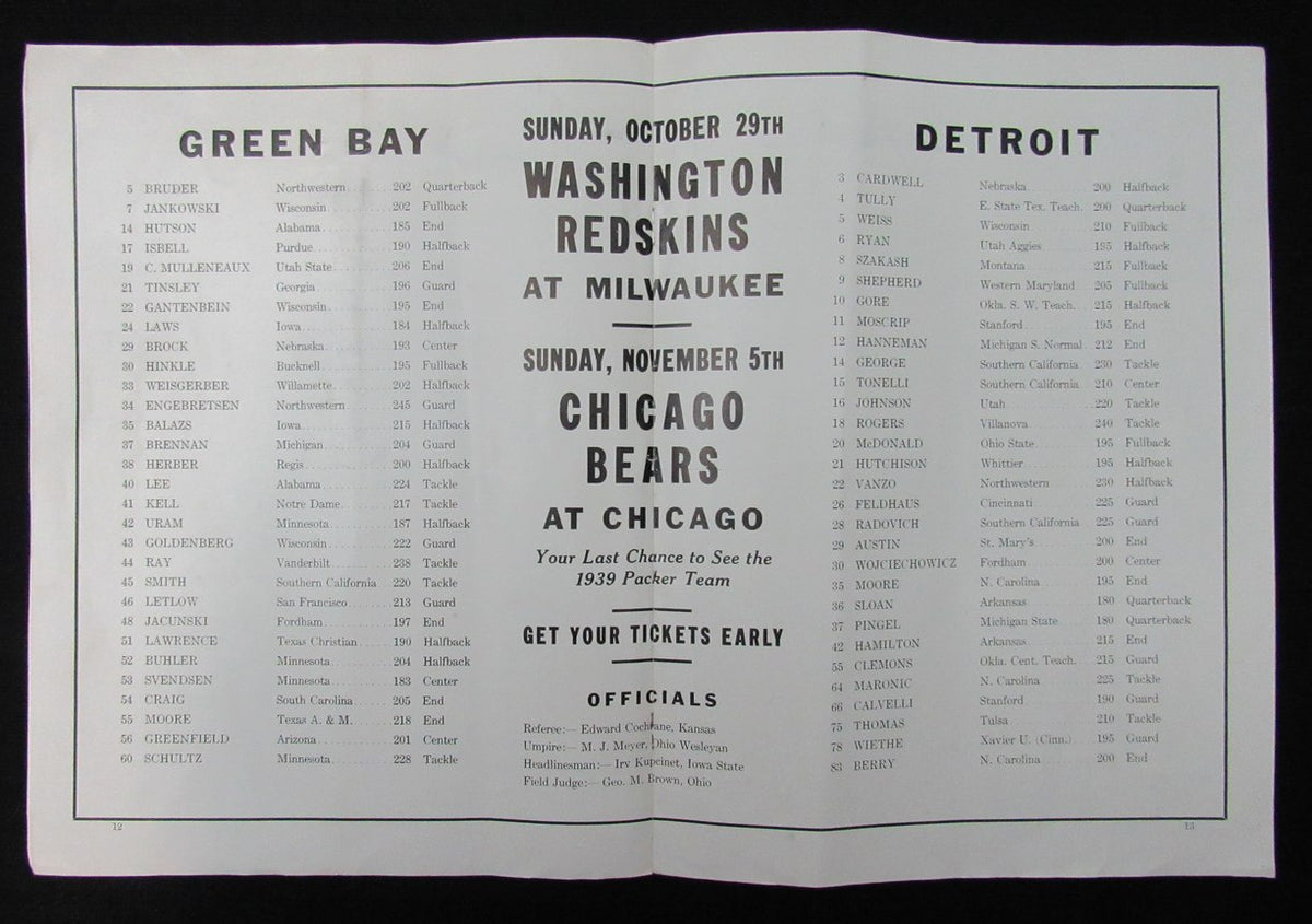October 22,1939 Detroit Lions vs. Green Bay Packers Football Game Program 194678