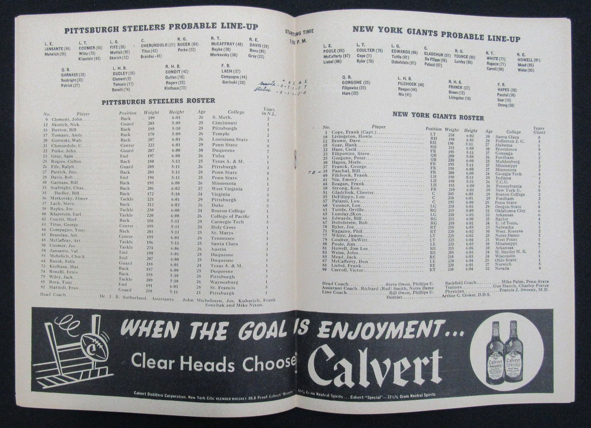 November 24, 1946 NY Giants vs. Pittsburgh Steelers Football Game Program 195506