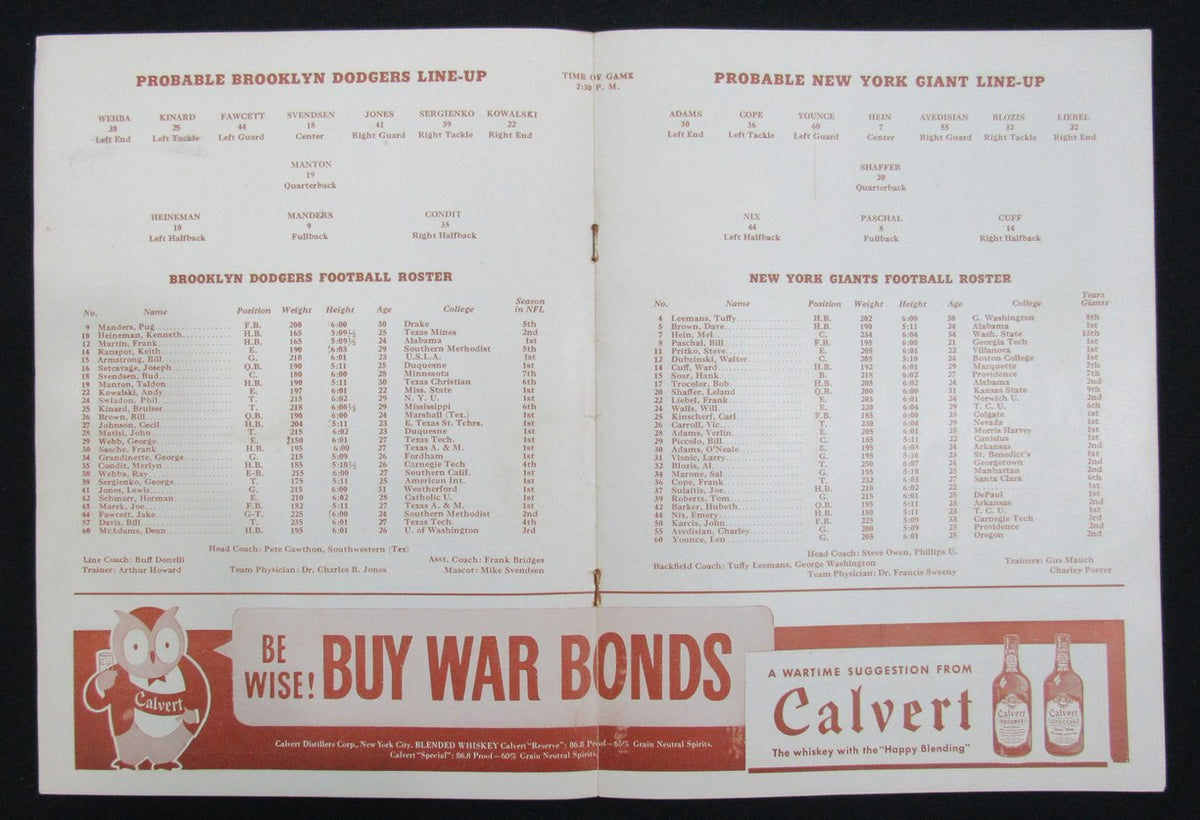 November 28, 1943 NY Giants vs. Brooklyn Dodgers Football Game Program 195508