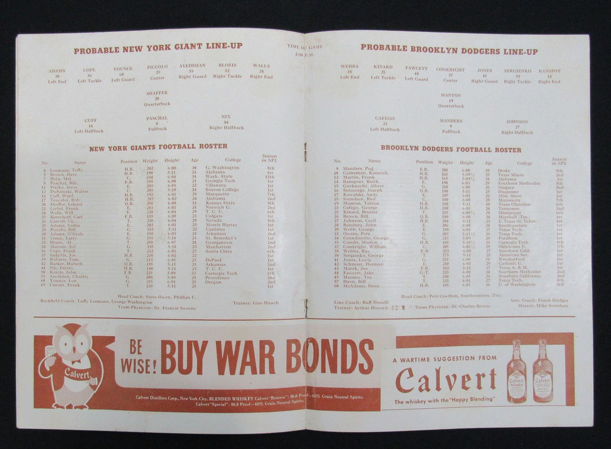 October 17, 1943 Brooklyn Dodgers vs. NY Giants Football Game Program 195517