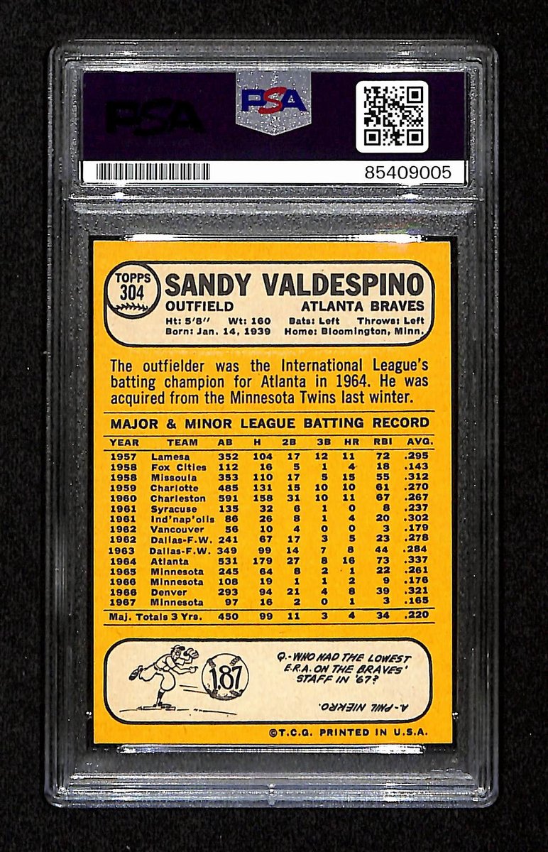Sandy Valdespino Signed/Autographed 1968 Topps Card #304 Braves PSA/DNA 195193
