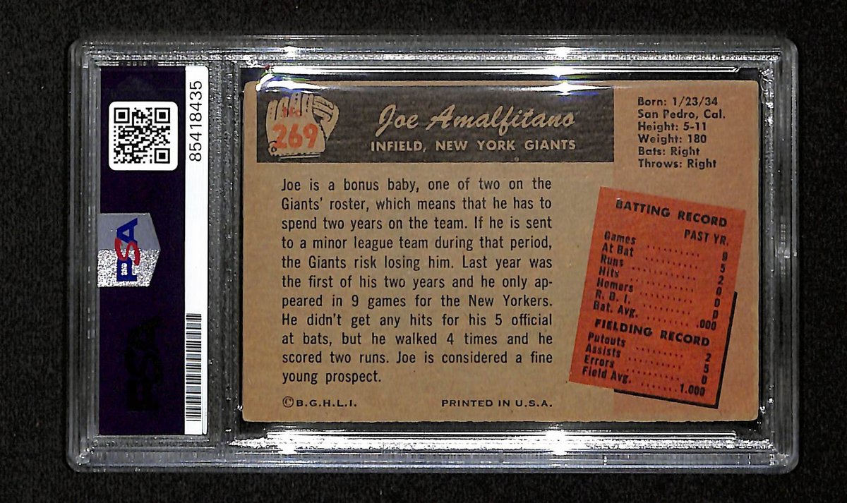 Joey Amalfitano Signed/Auto 1955 Bowman Card #269 NY Giants PSA/DNA 194823
