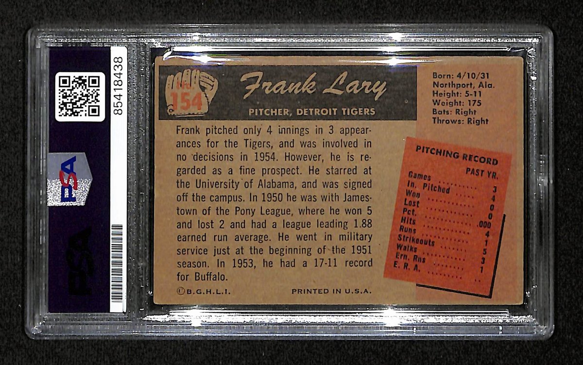 Frank Lary Signed/Auto 1955 Bowman Card #154 Detroit Tigers PSA/DNA 194825