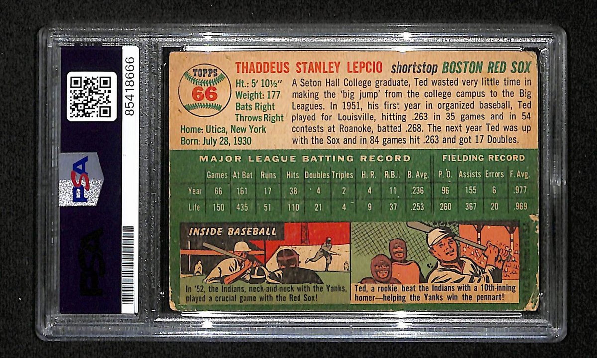 Ted Lepcio Signed/Autographed 1954 Topps Card #66 Boston Red Sox PSA/DNA 194830