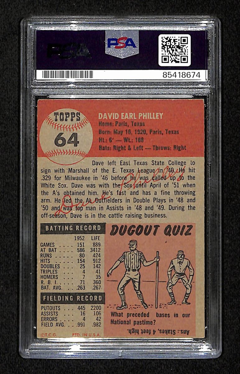 Dave Philley Signed 1953 Topps Card #64 Philadelphia Athletics PSA/DNA 194841