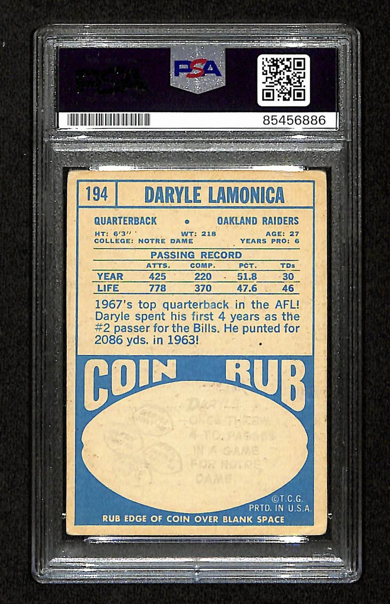 Daryle Lamonica Signed/Auto 1968 Topps Card #194 Oakland Raiders PSA/DNA 195081
