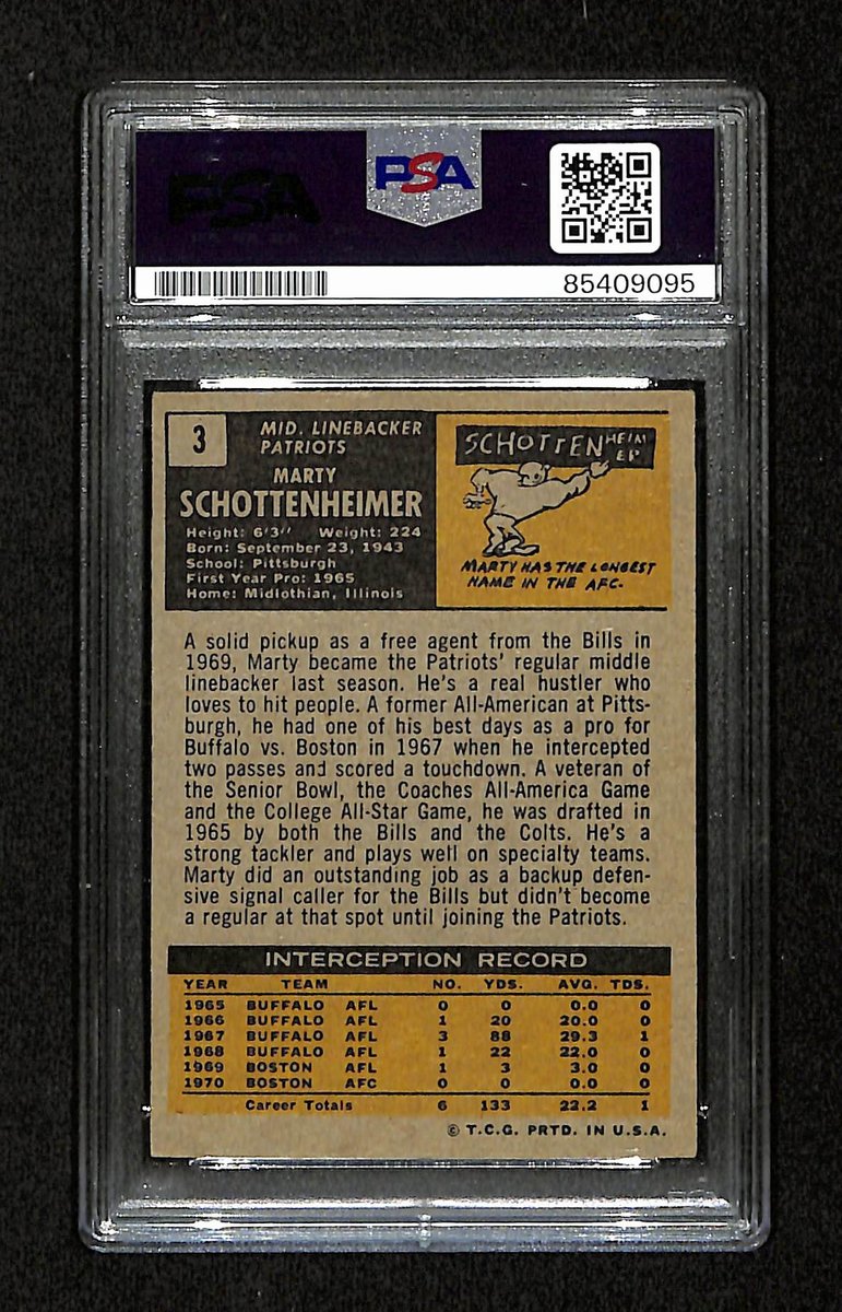Marty Schottenheimer Signed/Auto 1971 Topps RC Card #3 Patriots PSA/DNA 195094