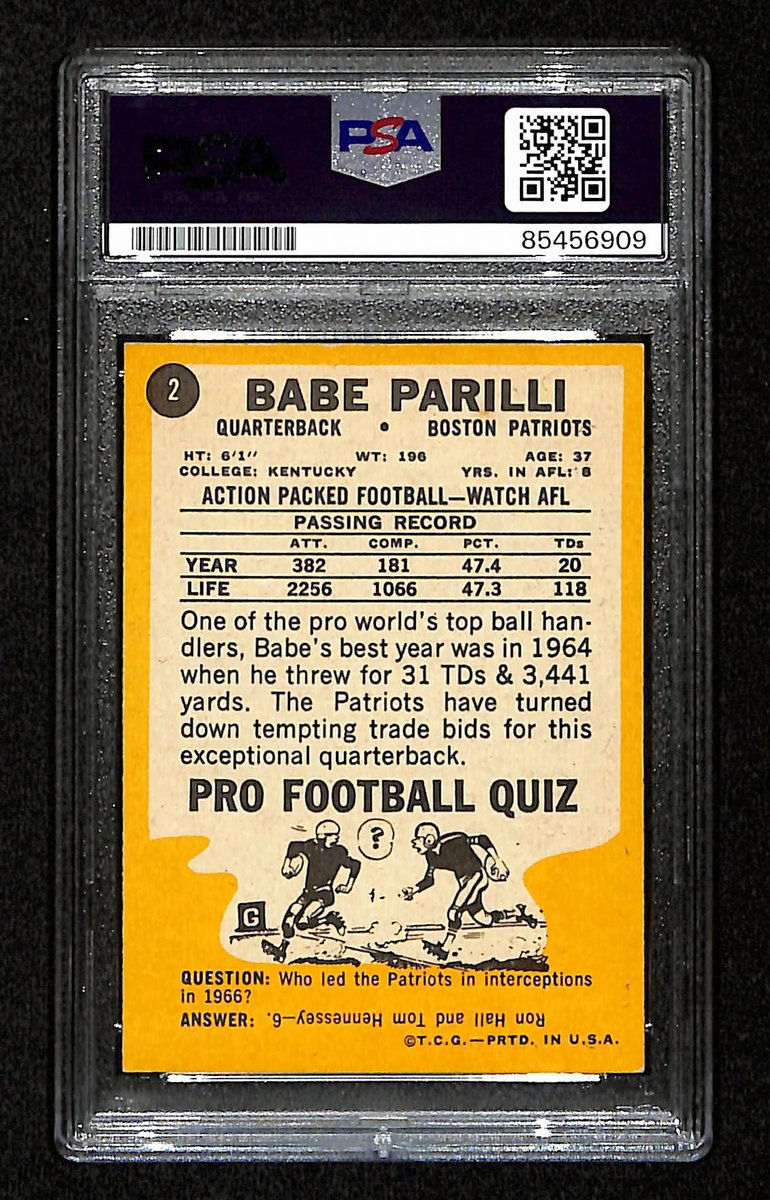 Babe Parilli Signed/Auto 1967 Topps Card #2 Boston Patriots PSA/DNA 195074