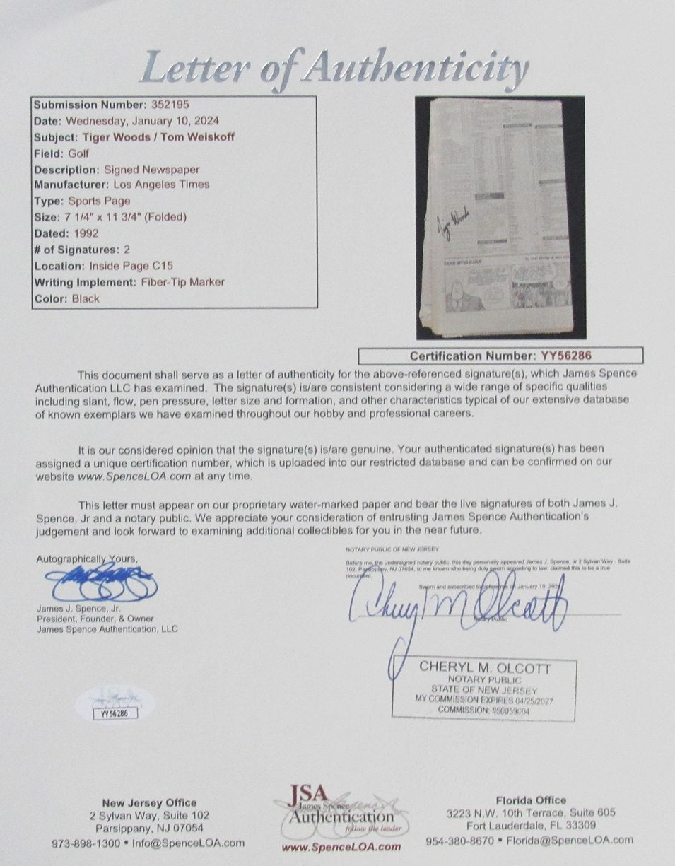 Tiger Woods Signed 16 years old 1992 LA Times Newspaper 1st PGA Event JSA 195716