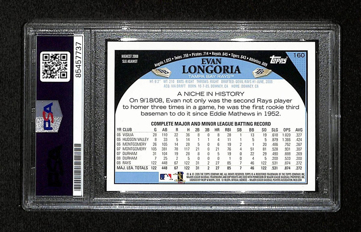 Evan Longoria Signed/Auto 2009 Topps RC Card #160 Tampa Bay Rays PSA/DNA 194801