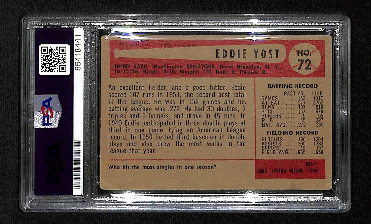 Eddie Yost Signed/Autographed 1954 Bowman Card #72 Senators PSA/DNA 194815