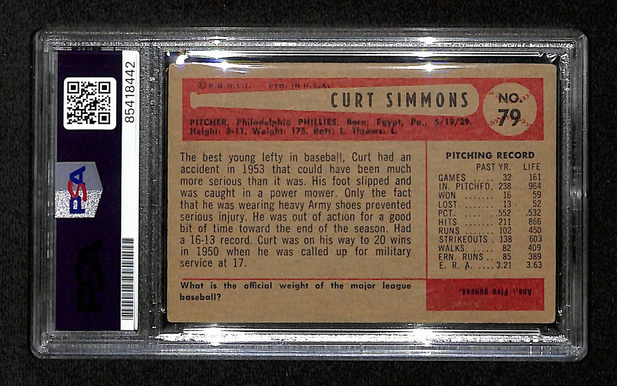 Curt Simmons Signed/Autographed 1954 Bowman Card #79 Phillies PSA/DNA 194816
