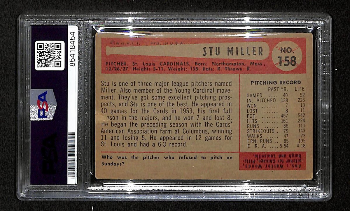 Stu Miller Signed/Autographed 1954 Bowman Card #158 Cardinals PSA/DNA 194817