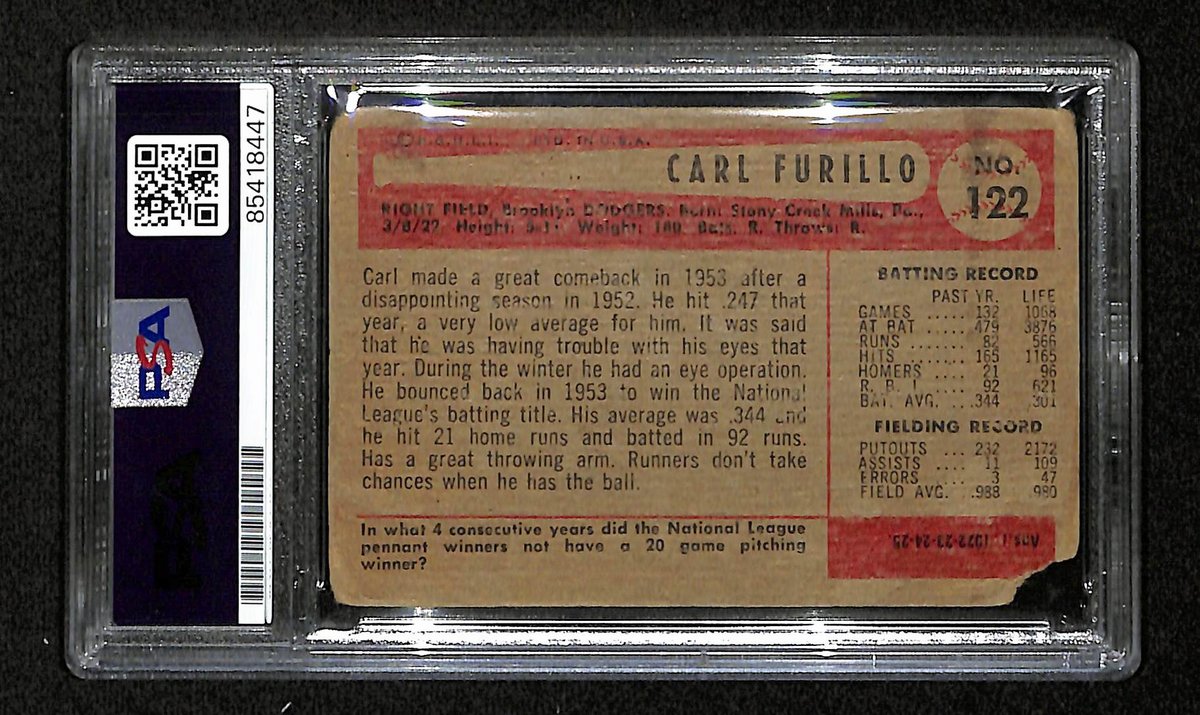 Carl Furillo Signed/Auto 1954 Bowman Card #122 Brooklyn Dodgers PSA/DNA 194818