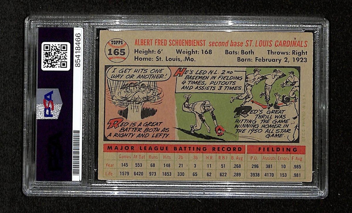 Red Schoendienst HOF Signed/Auto 1956 Bowman Card #165 Cardinals PSA/DNA 194894