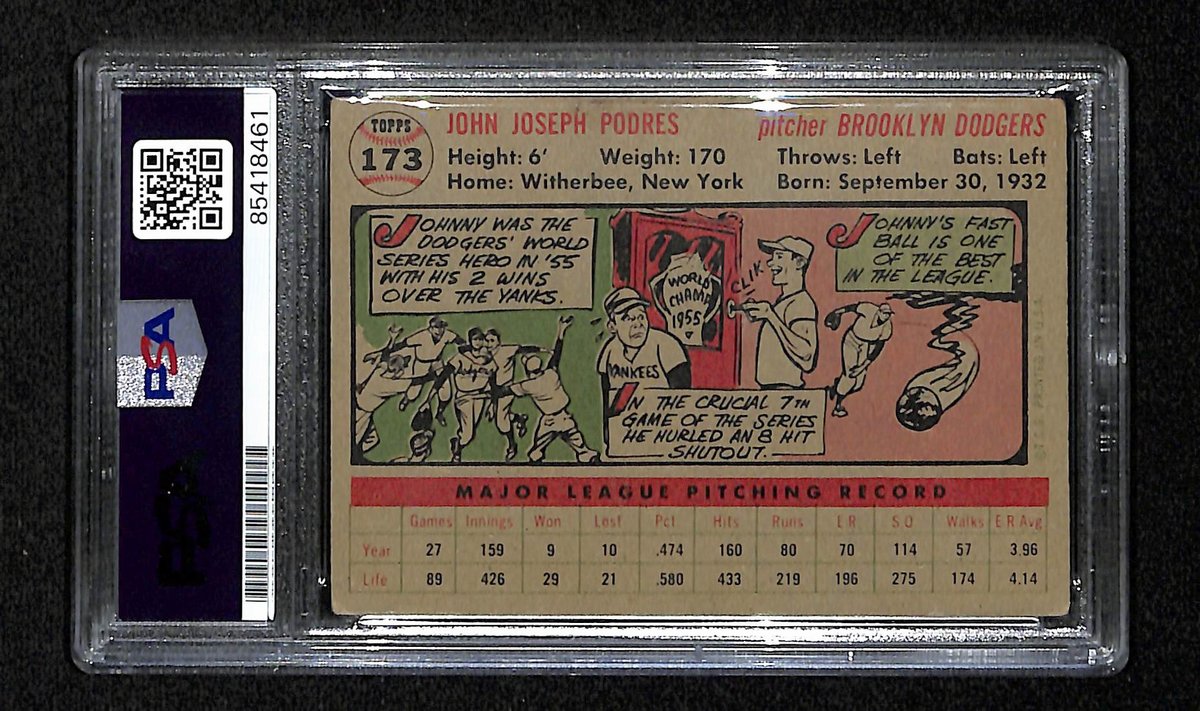 Johnny Podres Signed/Auto 1956 Topps Card #173 Brooklyn Dodgers PSA/DNA 194849