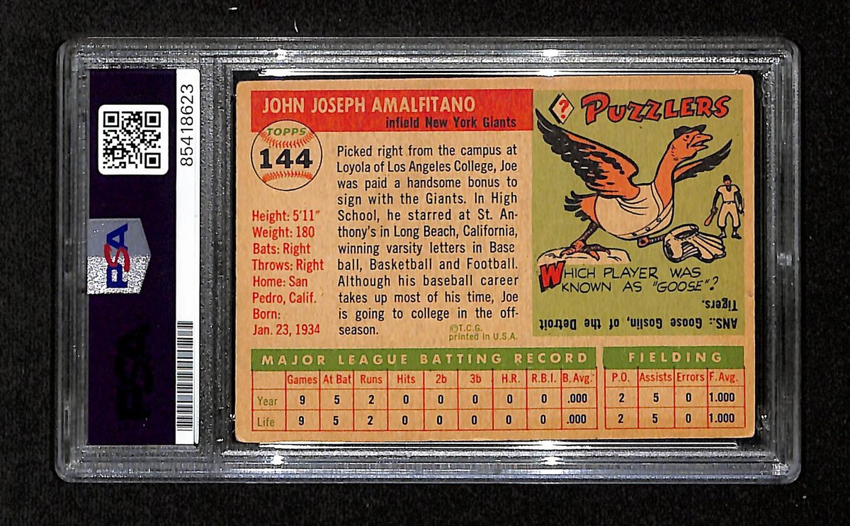 Joe Amalfitano Signed/Auto 1955 Topps Card #144 New York Giants PSA/DNA 195378