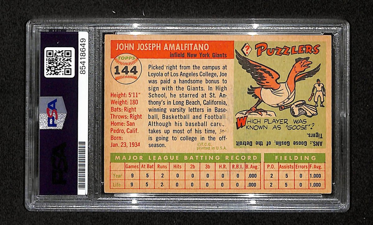 Joe Amalfitano Signed/Auto 1955 Topps Card #144 New York Giants PSA/DNA 195379