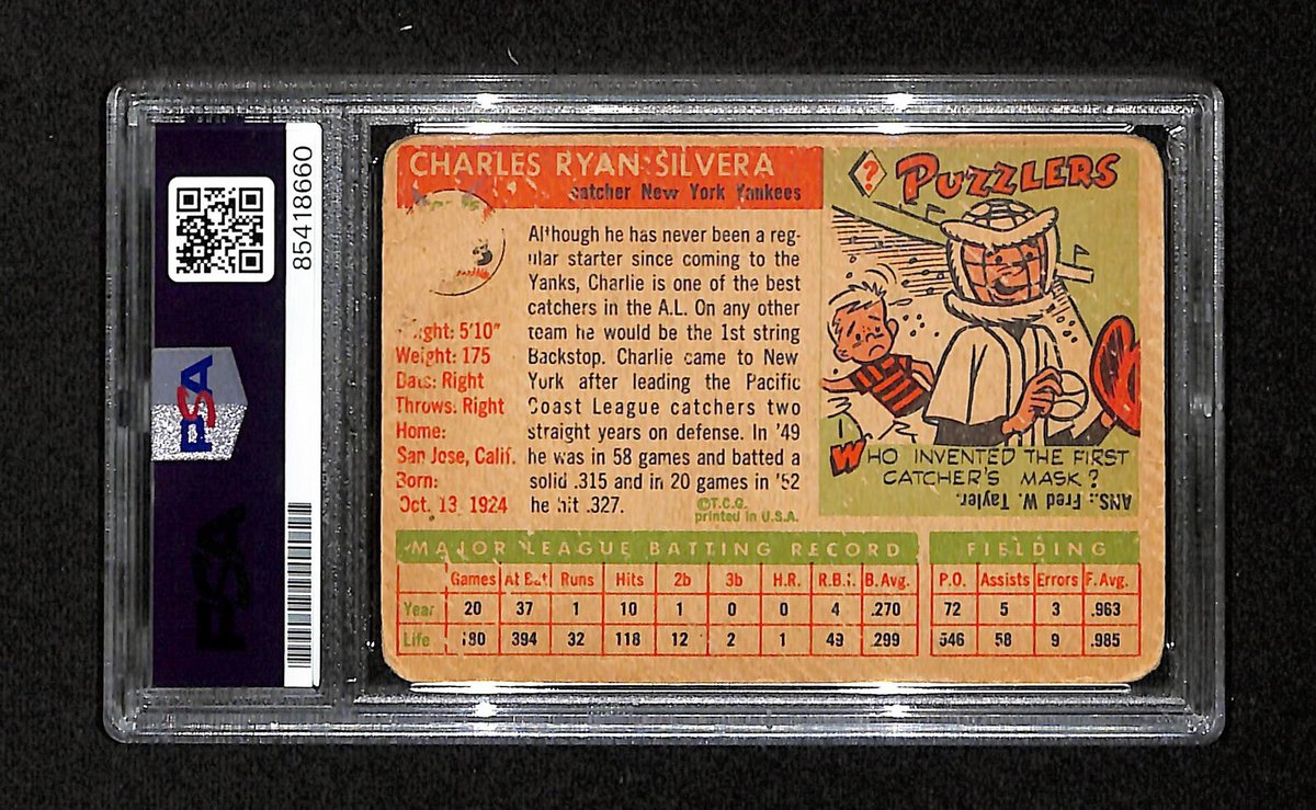Charlie Silvera Signed/Auto 1955 Topps Card #188 New York Yankees PSA/DNA 195390