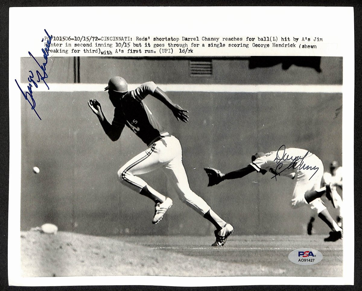 Darrel Chaney/George Hendrick Signed 8x10 Press Photo 1972 Reds vs A's PSA/DNA