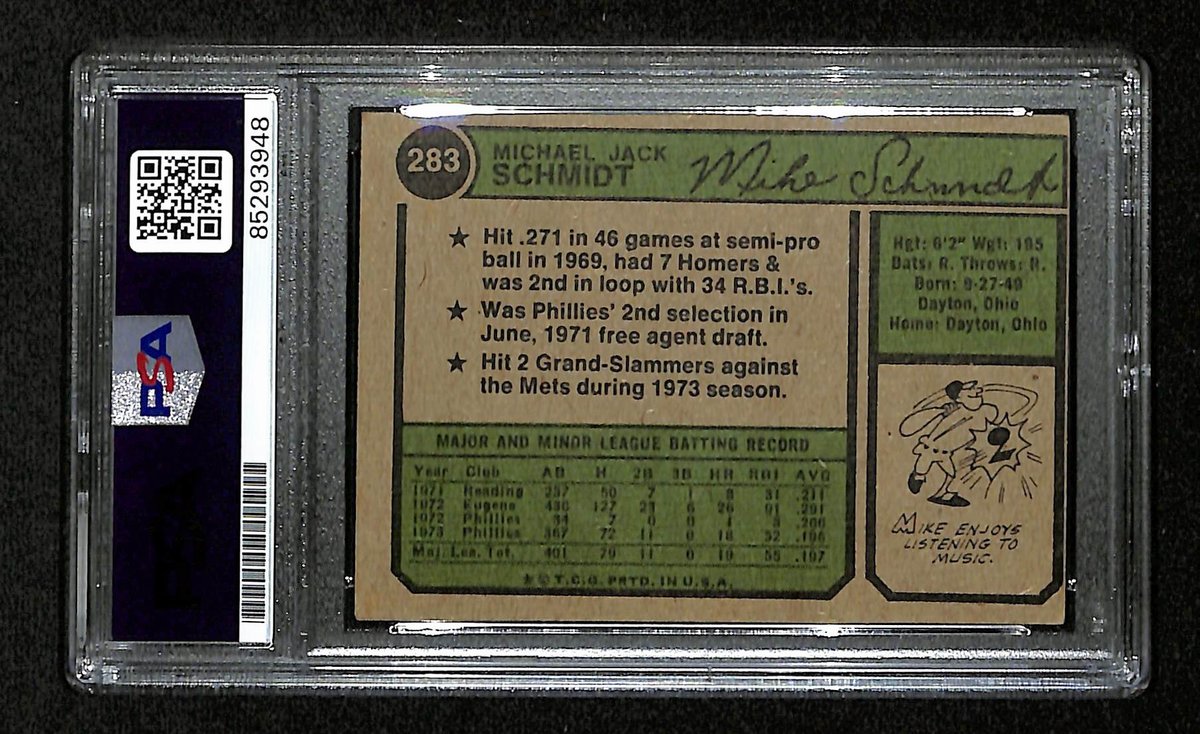 1974 Topps Mike Schmidt Phillies Card #283 Signed PSA/DNA GEM MINT 10 194901