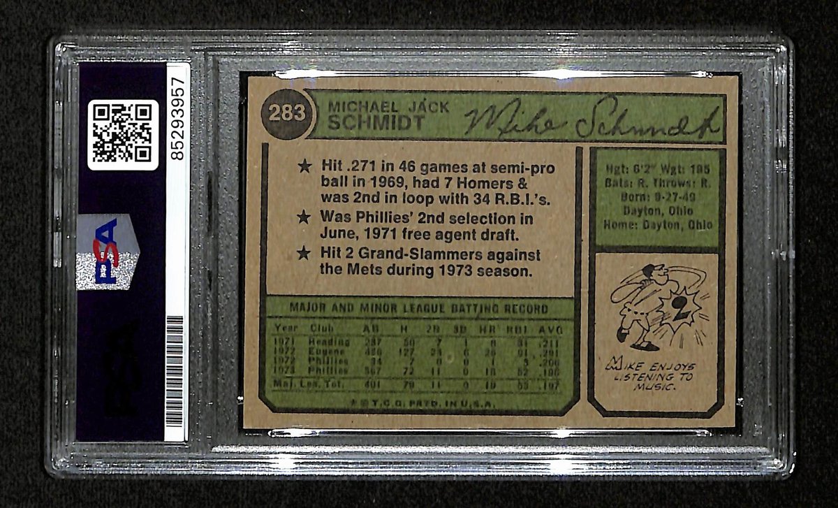 1974 Topps Mike Schmidt Phillies Card #283 Signed PSA/DNA GEM MINT 10 194903
