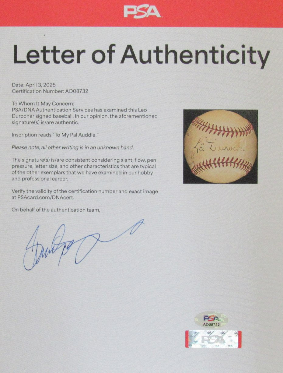 Leo Durocher HOF Signed/Inscribed ONL Baseball Brooklyn Dodgers PSA/DNA 196421