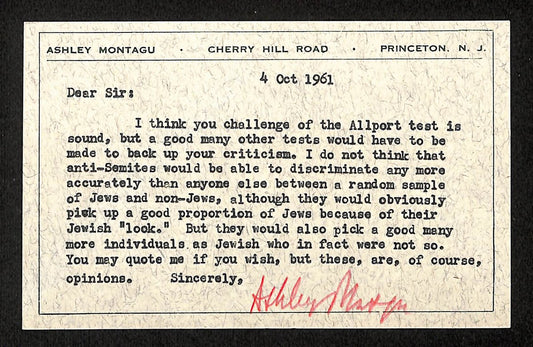 Ashley Mantagu Signed/Auto Post Card British-American Anthropologist 195480