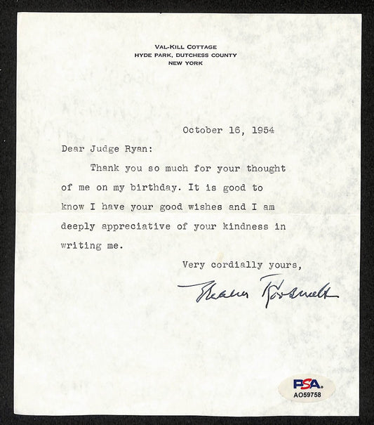Eleanor Roosevelt Signed Typed Letter Signed (TLS) Former First Lady PSA/DNA