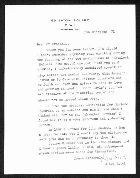 Clive Brook Signed Typed Letter Signed (TLS) Actor "Sherlock Holmes" 196012