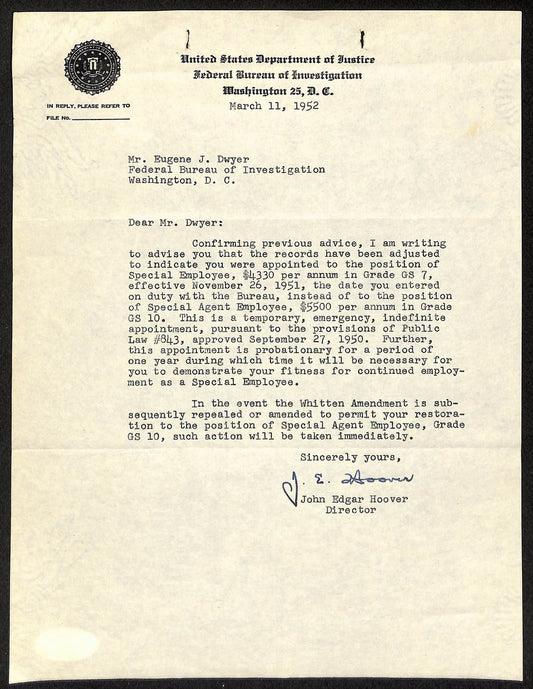 J. Edgar Hoover Signed Typed Letter Signed (TLS) FBI Director JSA 196013