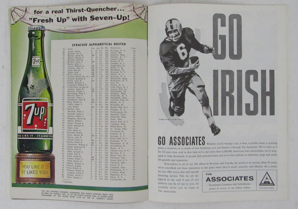 Nov. 18, 1961 Football Game Program Navy vs. Notre Dame Ernie Davis 195709