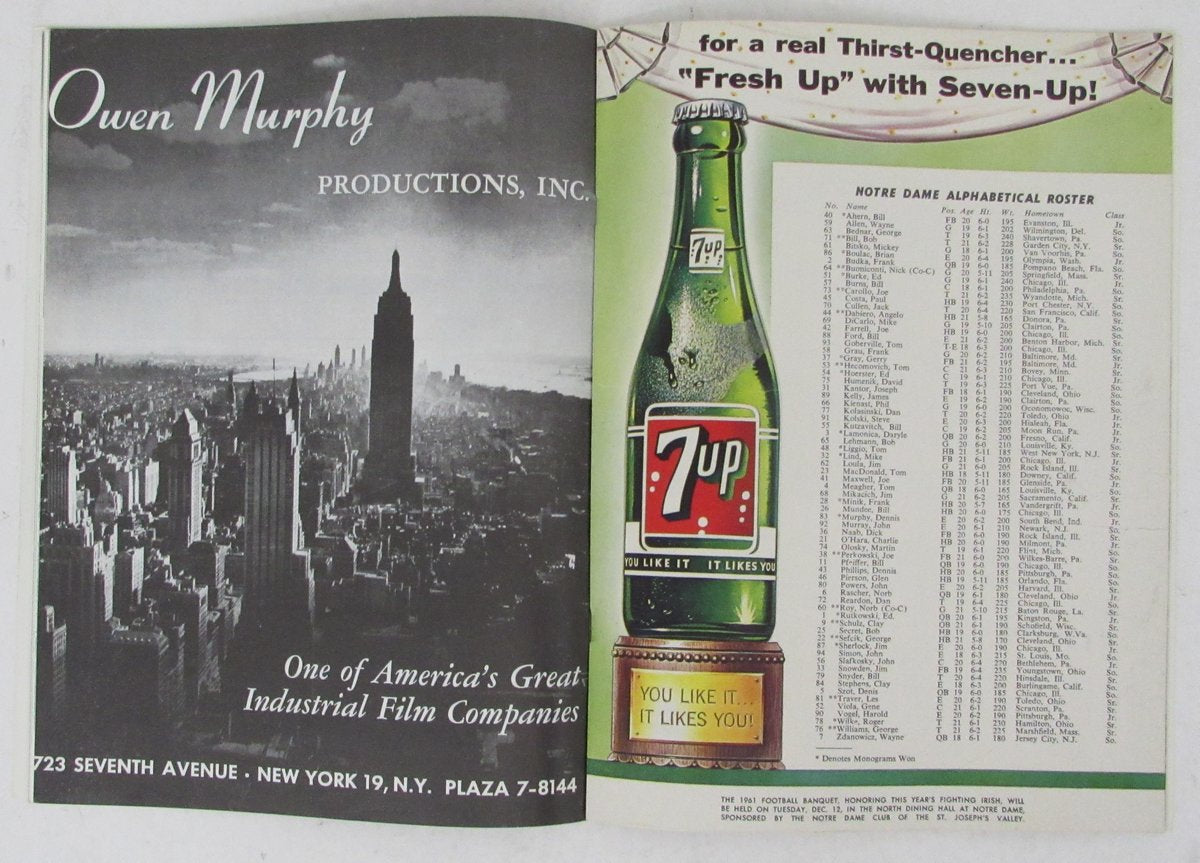 Nov. 18, 1961 Football Game Program Navy vs. Notre Dame Ernie Davis 195709