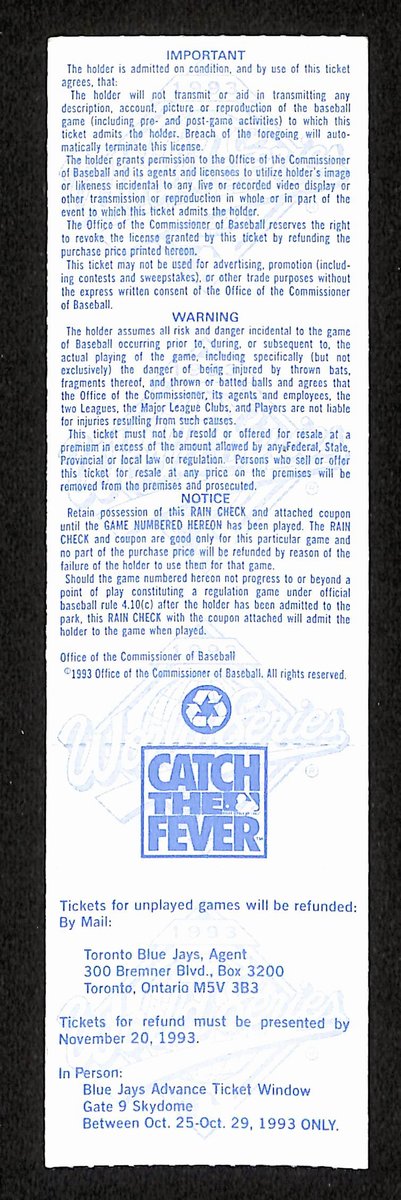1993 World Series Game 2 Phillies vs. Blue Jays Full Ticket RARE MINT 194164