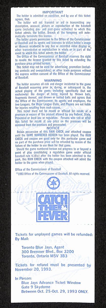 1993 World Series Game 1 Phillies vs. Blue Jays Full Ticket RARE MINT 194165