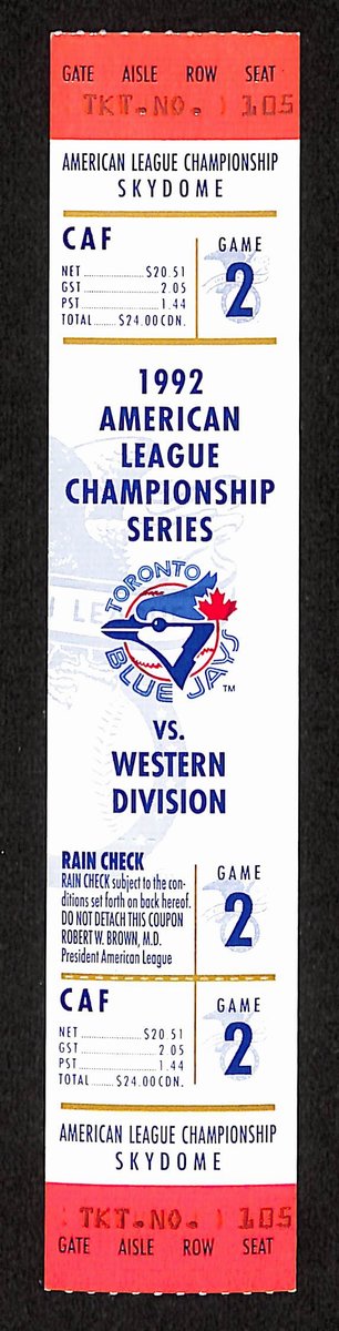 1992 ALCS Game 2 Oakland Athletics vs. Toronto Blue Jays Full Ticket 194156
