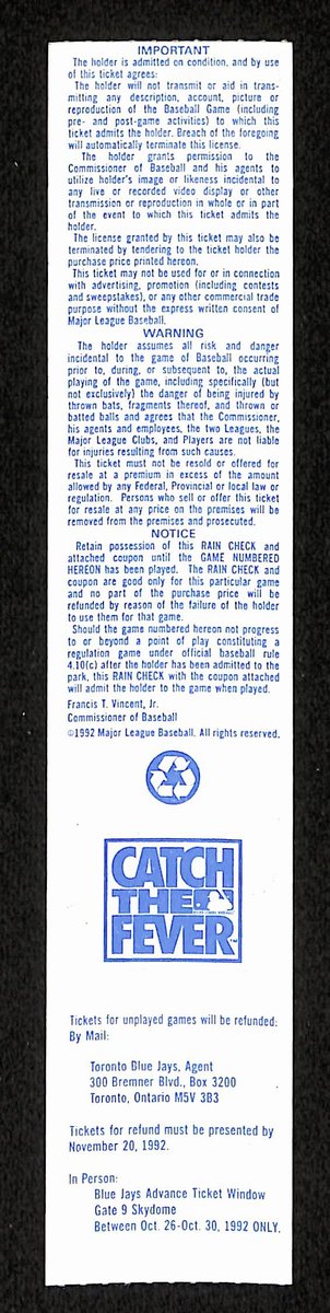 1992 ALCS Game 1 Oakland Athletics vs. Toronto Blue Jays Full Ticket 194155